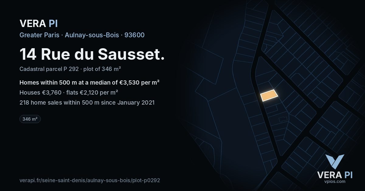 14 Rue du Sausset, Aulnay-sous-Bois at night – the plot lit, the parcels around coloured by the prices near them