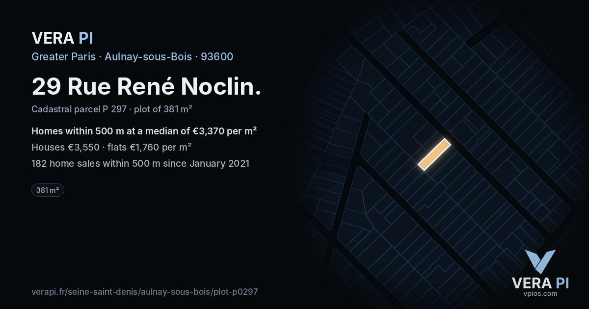 29 Rue René Noclin, Aulnay-sous-Bois at night – the plot lit, the parcels around coloured by the prices near them