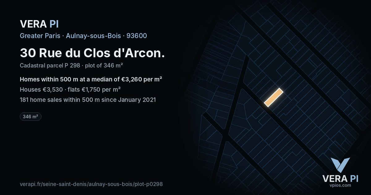 30 Rue du Clos d'Arcon, Aulnay-sous-Bois at night – the plot lit, the parcels around coloured by the prices near them