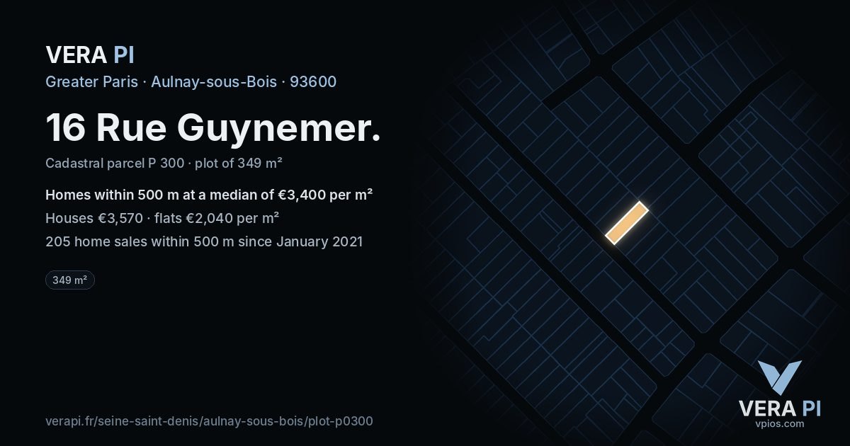 16 Rue Guynemer, Aulnay-sous-Bois at night – the plot lit, the parcels around coloured by the prices near them