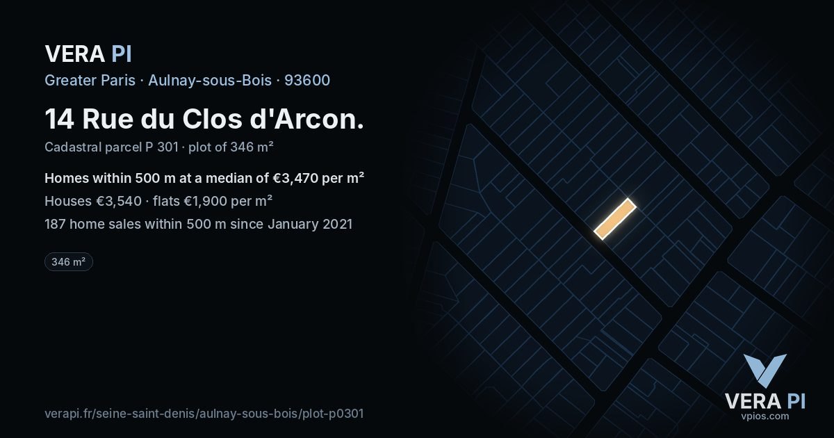 14 Rue du Clos d'Arcon, Aulnay-sous-Bois at night – the plot lit, the parcels around coloured by the prices near them