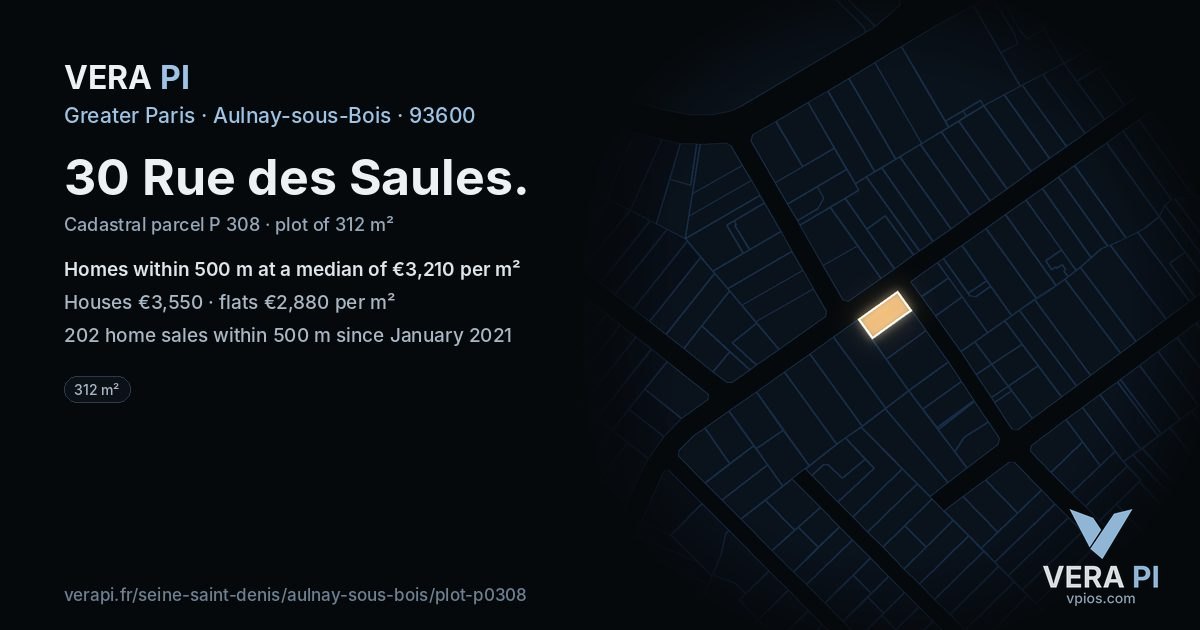 30 Rue des Saules, Aulnay-sous-Bois at night – the plot lit, the parcels around coloured by the prices near them