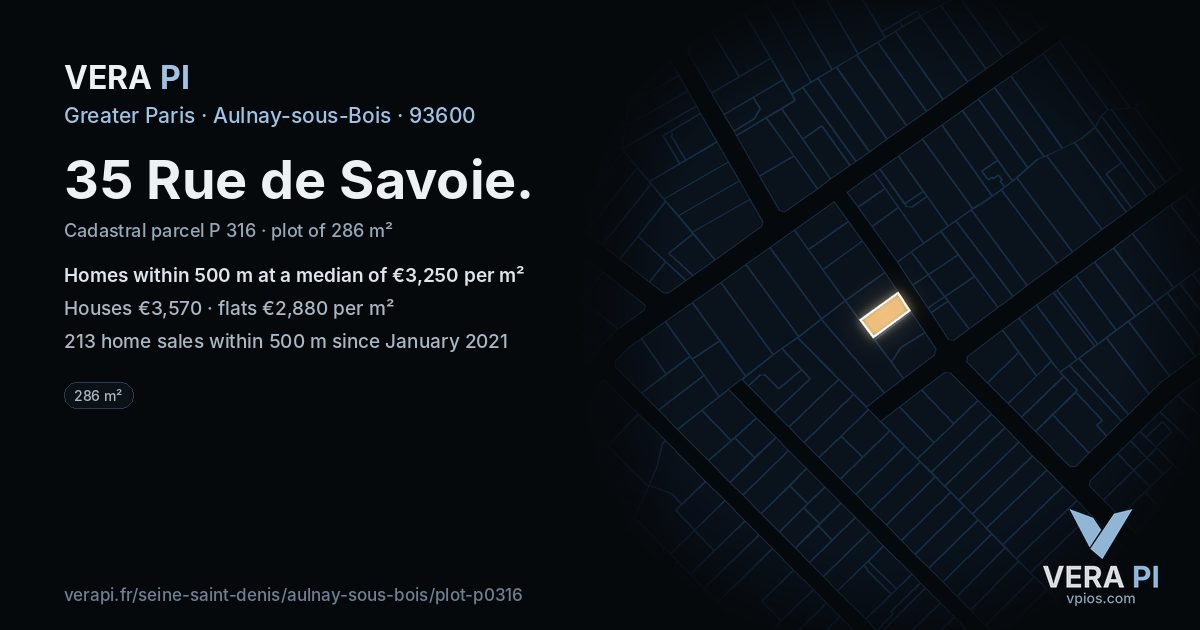 35 Rue de Savoie, Aulnay-sous-Bois at night – the plot lit, the parcels around coloured by the prices near them