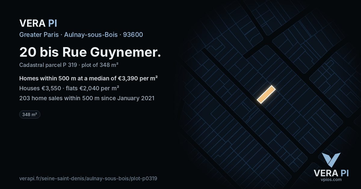 20 bis Rue Guynemer, Aulnay-sous-Bois at night – the plot lit, the parcels around coloured by the prices near them