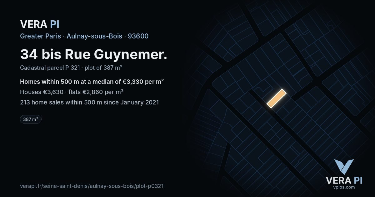 34 bis Rue Guynemer, Aulnay-sous-Bois at night – the plot lit, the parcels around coloured by the prices near them