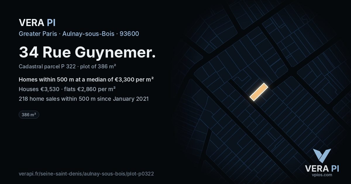 34 Rue Guynemer, Aulnay-sous-Bois at night – the plot lit, the parcels around coloured by the prices near them
