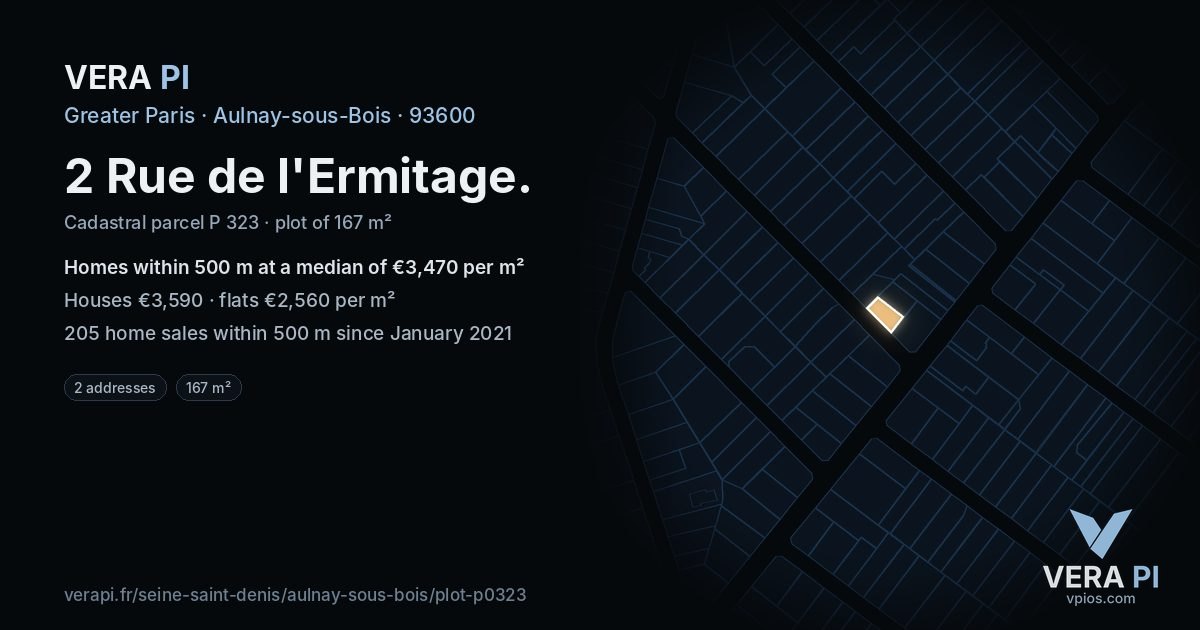 2 Rue de l'Ermitage, Aulnay-sous-Bois at night – the plot lit, the parcels around coloured by the prices near them
