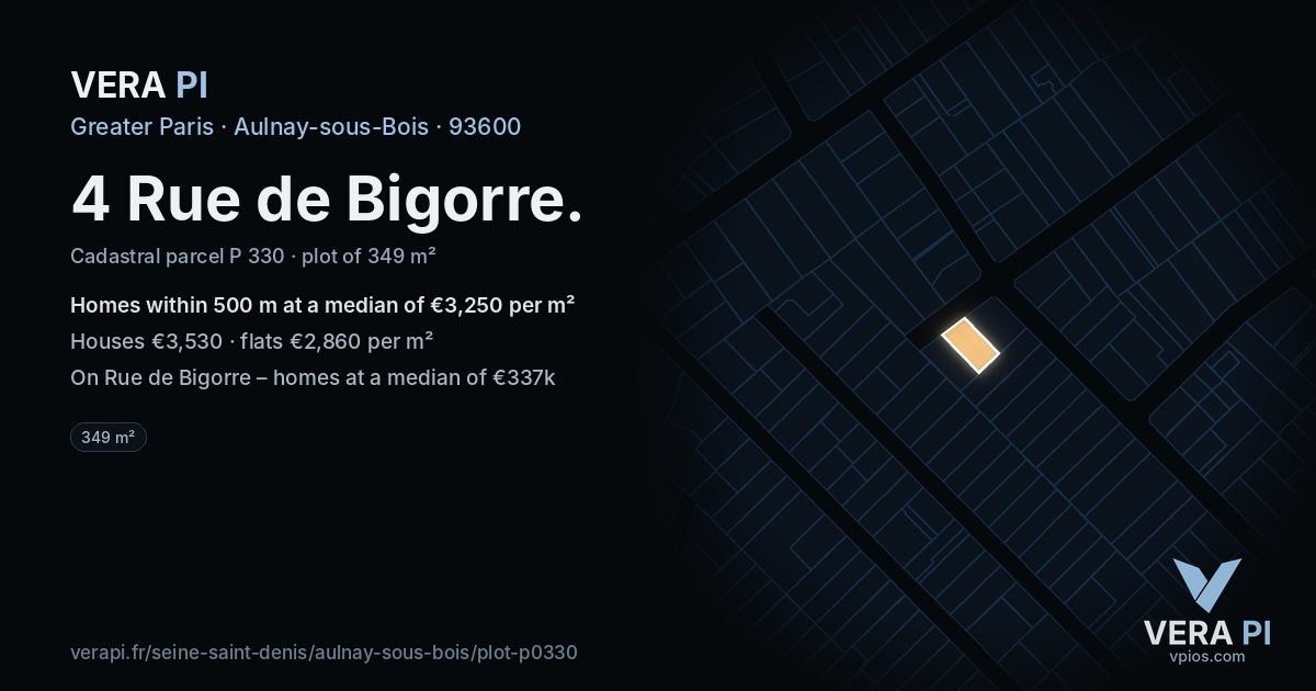 4 Rue de Bigorre, Aulnay-sous-Bois at night – the plot lit, the parcels around coloured by the prices near them
