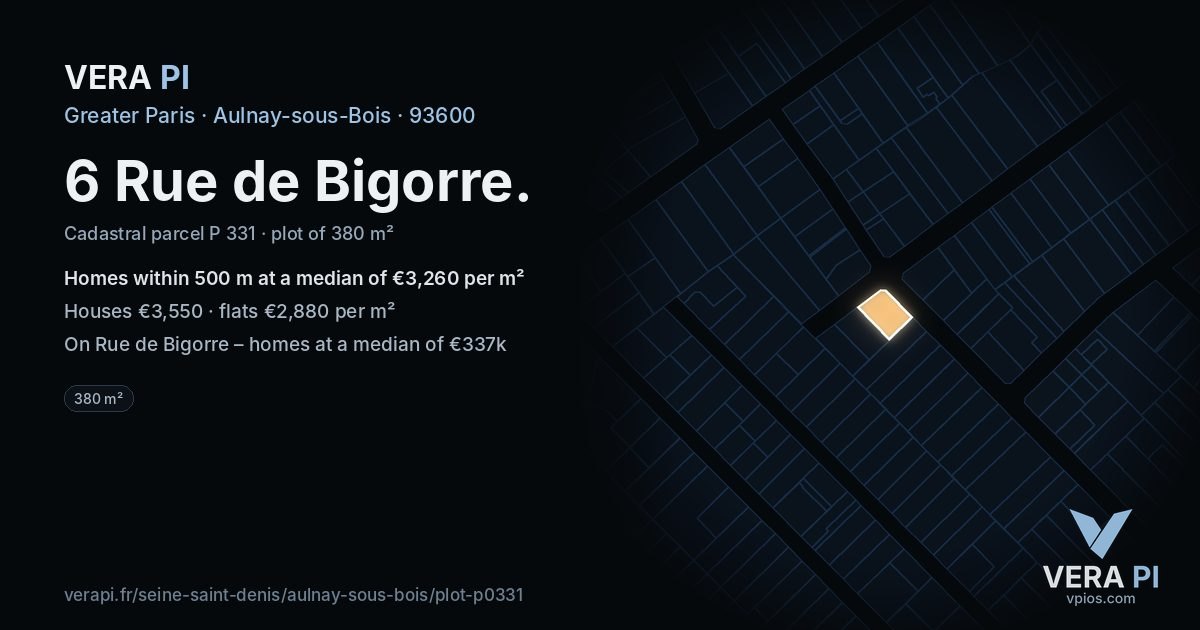 6 Rue de Bigorre, Aulnay-sous-Bois at night – the plot lit, the parcels around coloured by the prices near them