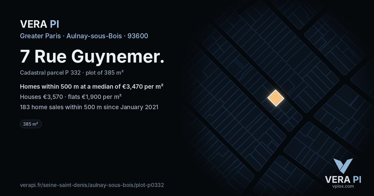 7 Rue Guynemer, Aulnay-sous-Bois at night – the plot lit, the parcels around coloured by the prices near them