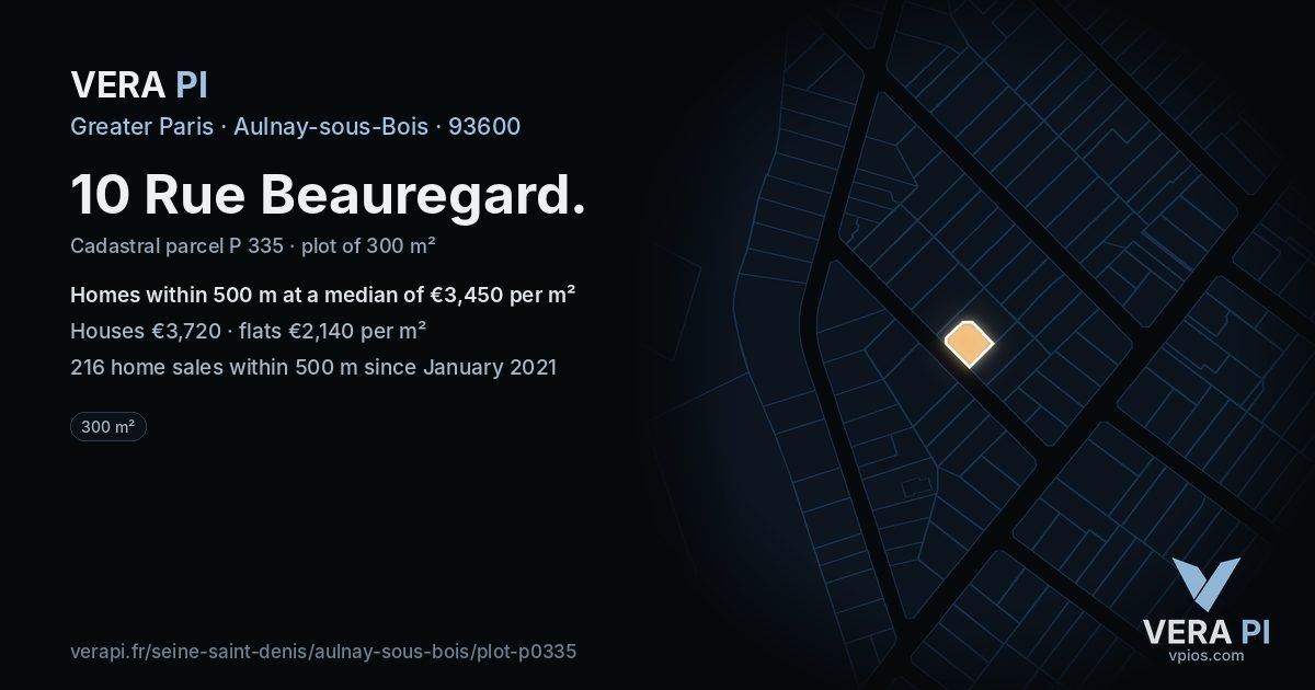 10 Rue Beauregard, Aulnay-sous-Bois at night – the plot lit, the parcels around coloured by the prices near them