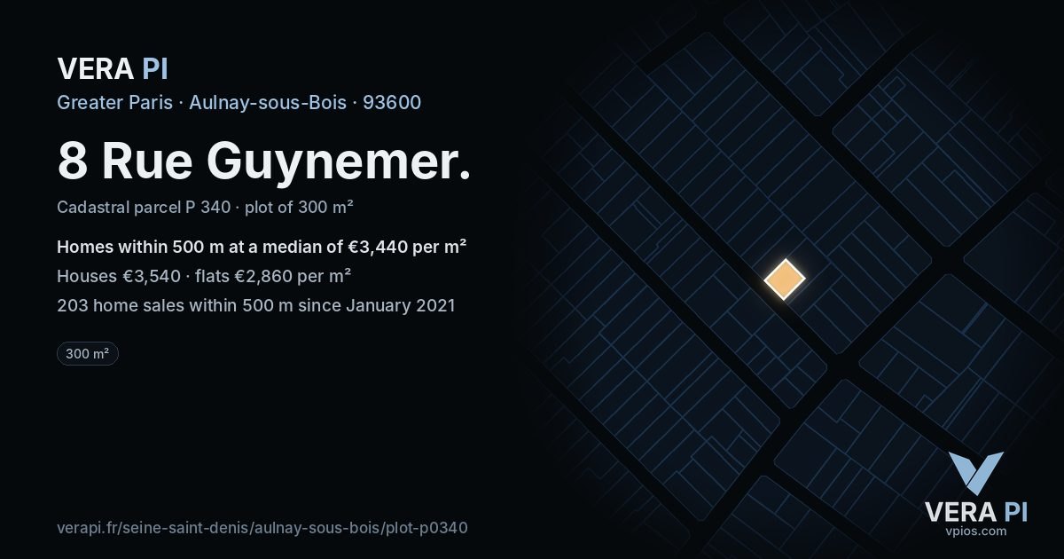 8 Rue Guynemer, Aulnay-sous-Bois at night – the plot lit, the parcels around coloured by the prices near them