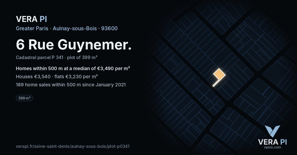 6 Rue Guynemer, Aulnay-sous-Bois at night – the plot lit, the parcels around coloured by the prices near them