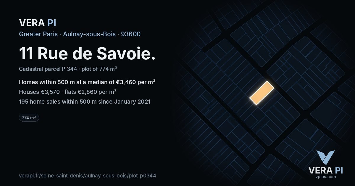 11 Rue de Savoie, Aulnay-sous-Bois at night – the plot lit, the parcels around coloured by the prices near them