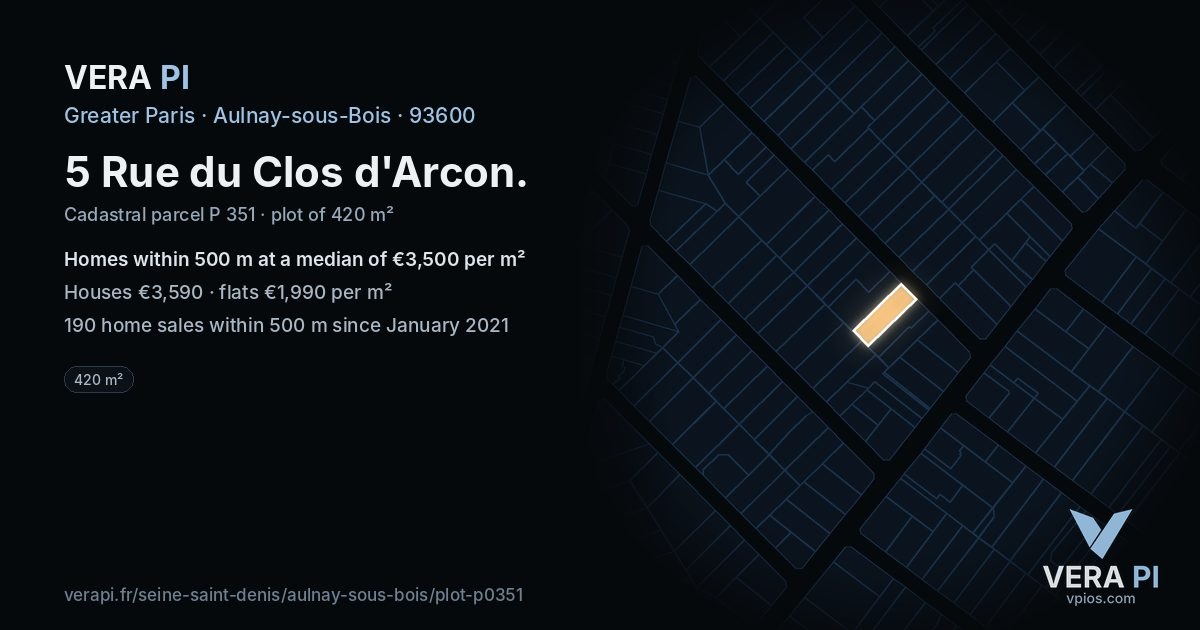 5 Rue du Clos d'Arcon, Aulnay-sous-Bois at night – the plot lit, the parcels around coloured by the prices near them
