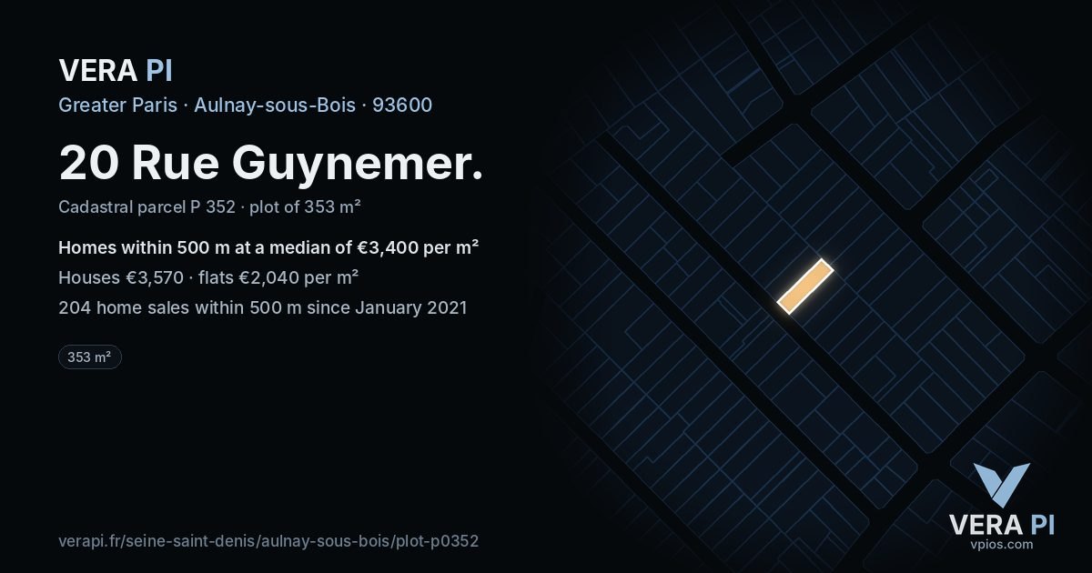 20 Rue Guynemer, Aulnay-sous-Bois at night – the plot lit, the parcels around coloured by the prices near them