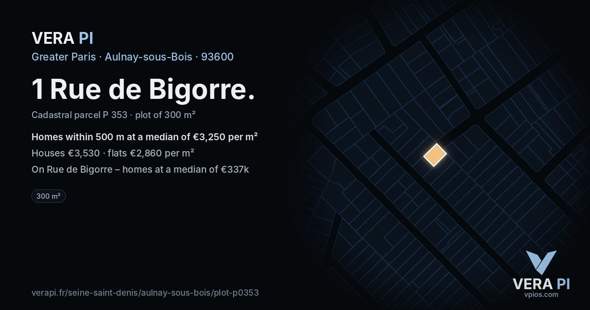1 Rue de Bigorre, Aulnay-sous-Bois at night – the plot lit, the parcels around coloured by the prices near them