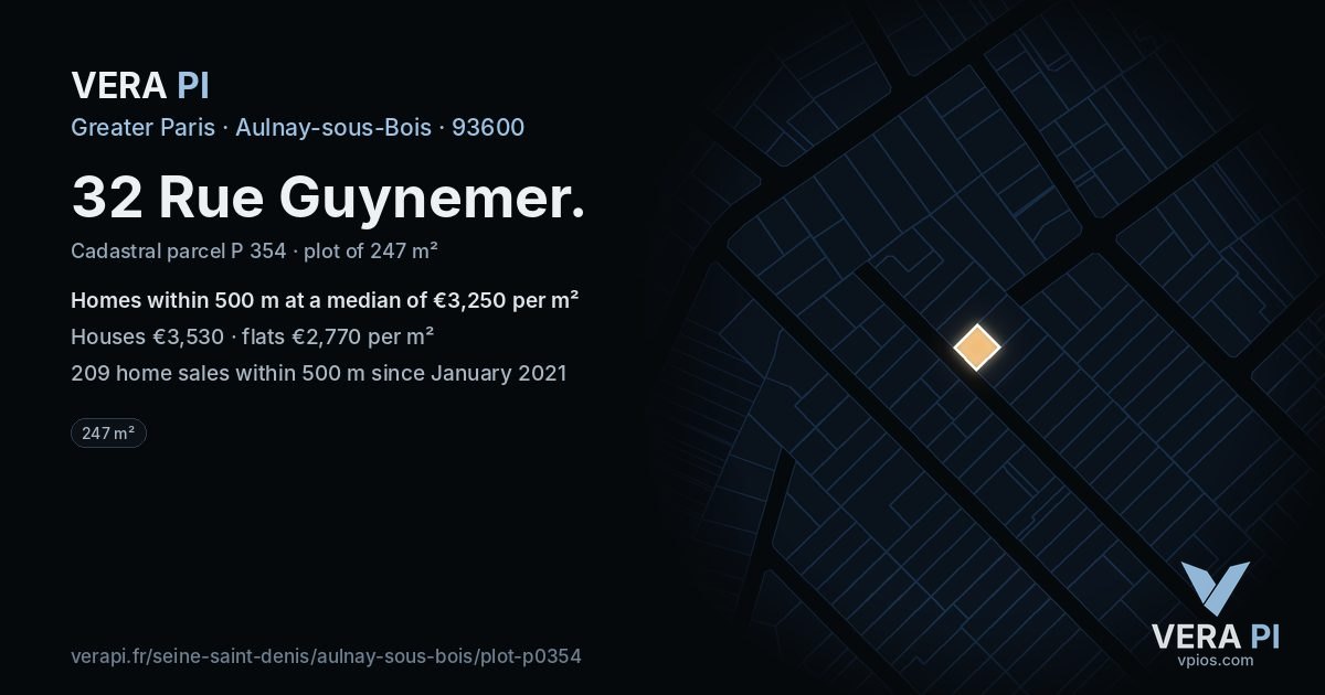 32 Rue Guynemer, Aulnay-sous-Bois at night – the plot lit, the parcels around coloured by the prices near them
