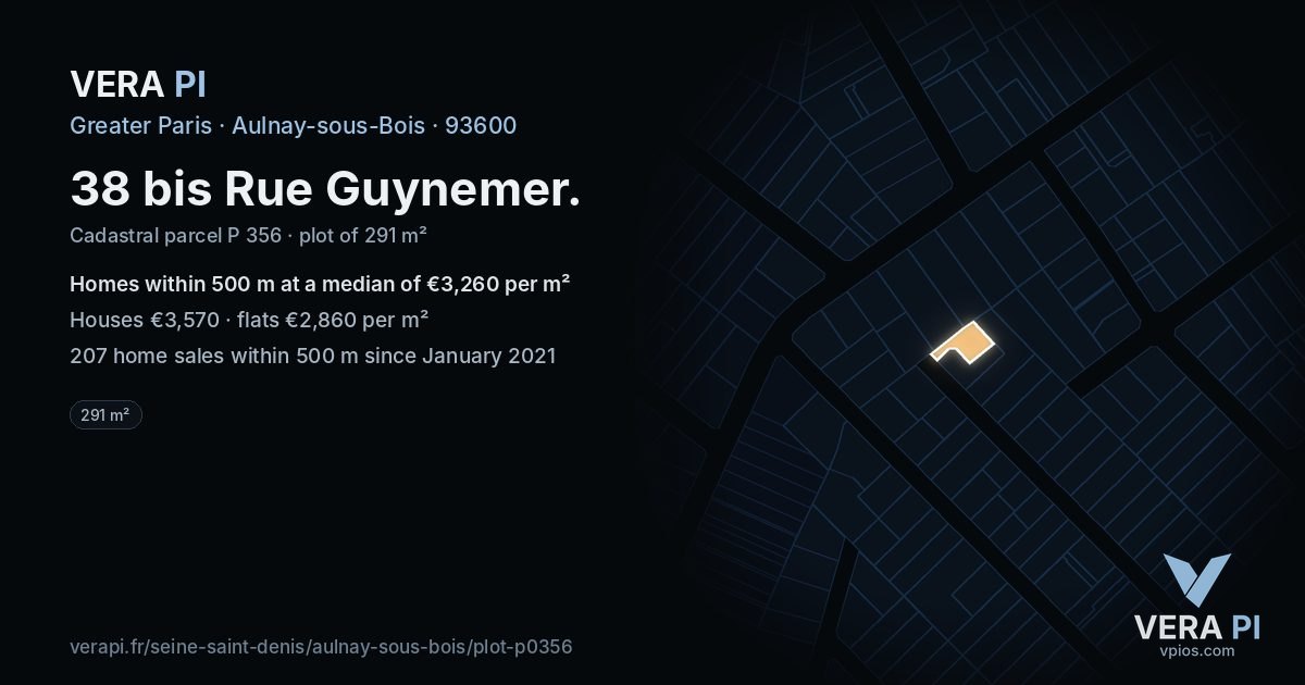 38 bis Rue Guynemer, Aulnay-sous-Bois at night – the plot lit, the parcels around coloured by the prices near them