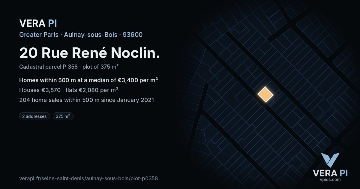 20 Rue René Noclin, Aulnay-sous-Bois at night – the plot lit, the parcels around coloured by the prices near them