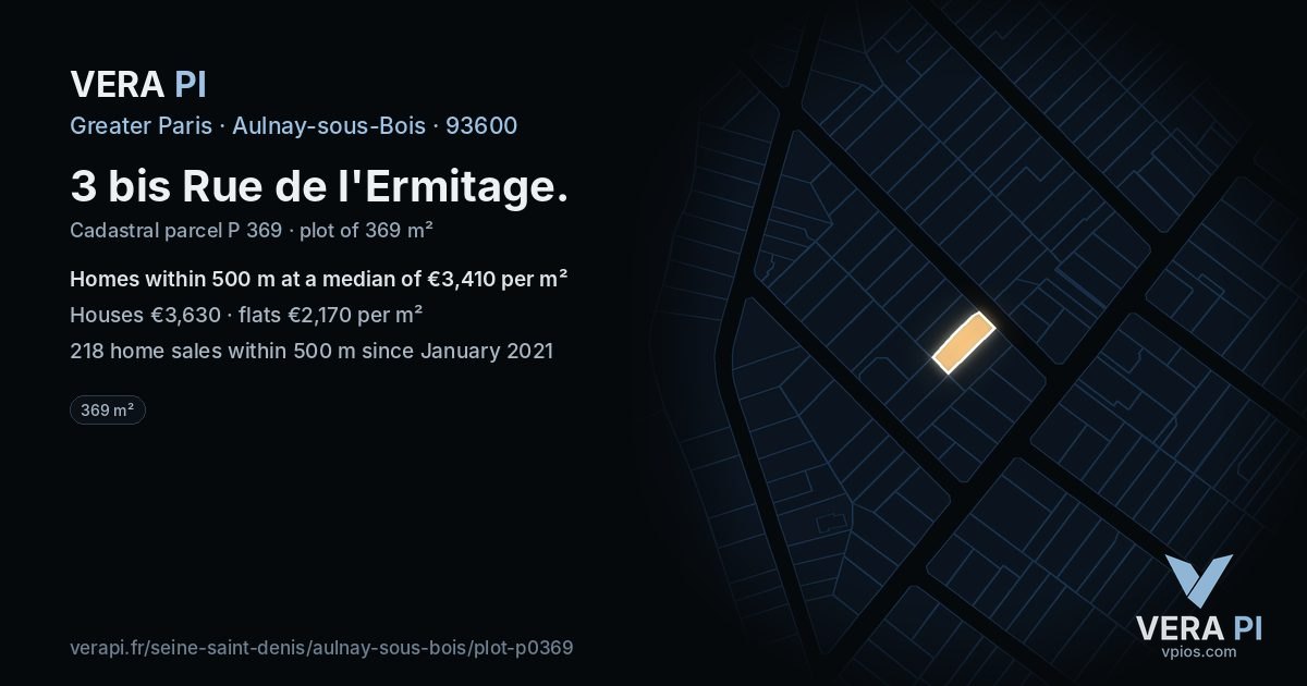 3 bis Rue de l'Ermitage, Aulnay-sous-Bois at night – the plot lit, the parcels around coloured by the prices near them