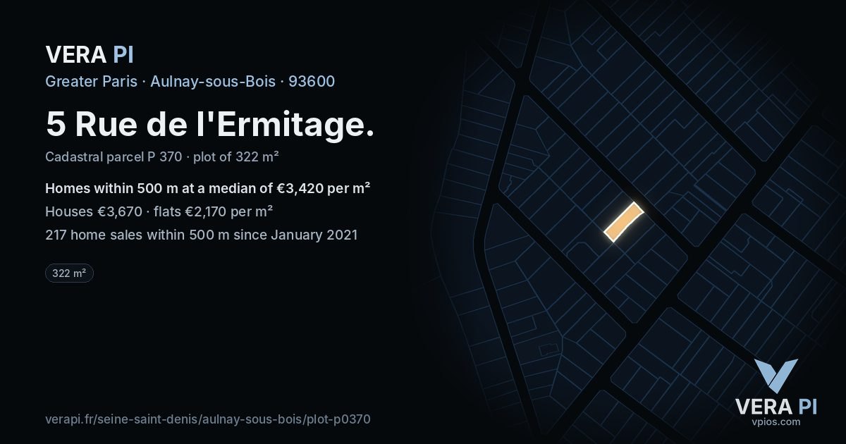 5 Rue de l'Ermitage, Aulnay-sous-Bois at night – the plot lit, the parcels around coloured by the prices near them
