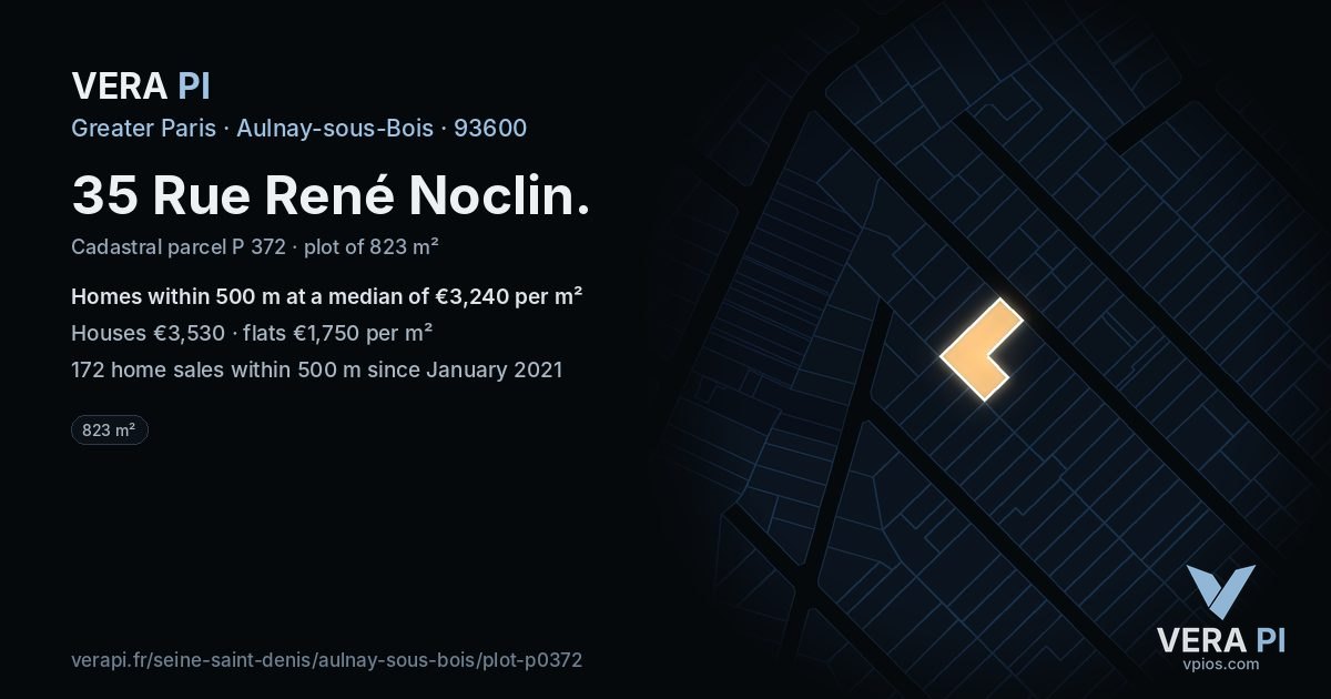 35 Rue René Noclin, Aulnay-sous-Bois at night – the plot lit, the parcels around coloured by the prices near them
