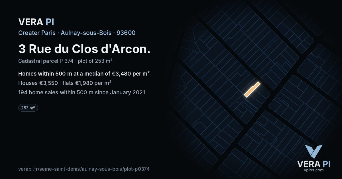 3 Rue du Clos d'Arcon, Aulnay-sous-Bois at night – the plot lit, the parcels around coloured by the prices near them