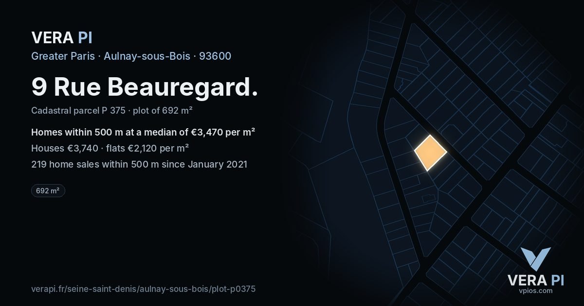 9 Rue Beauregard, Aulnay-sous-Bois at night – the plot lit, the parcels around coloured by the prices near them