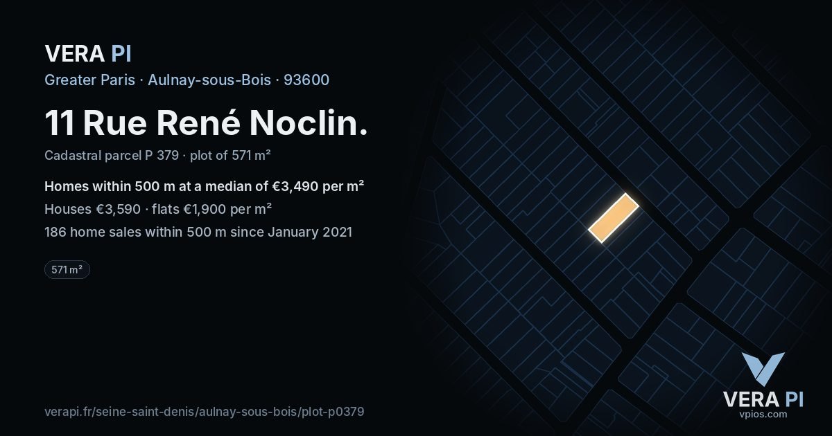 11 Rue René Noclin, Aulnay-sous-Bois at night – the plot lit, the parcels around coloured by the prices near them