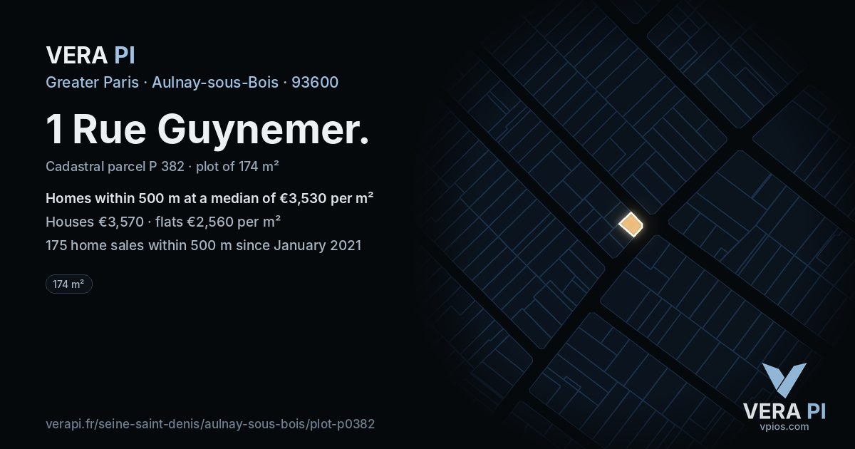 1 Rue Guynemer, Aulnay-sous-Bois at night – the plot lit, the parcels around coloured by the prices near them