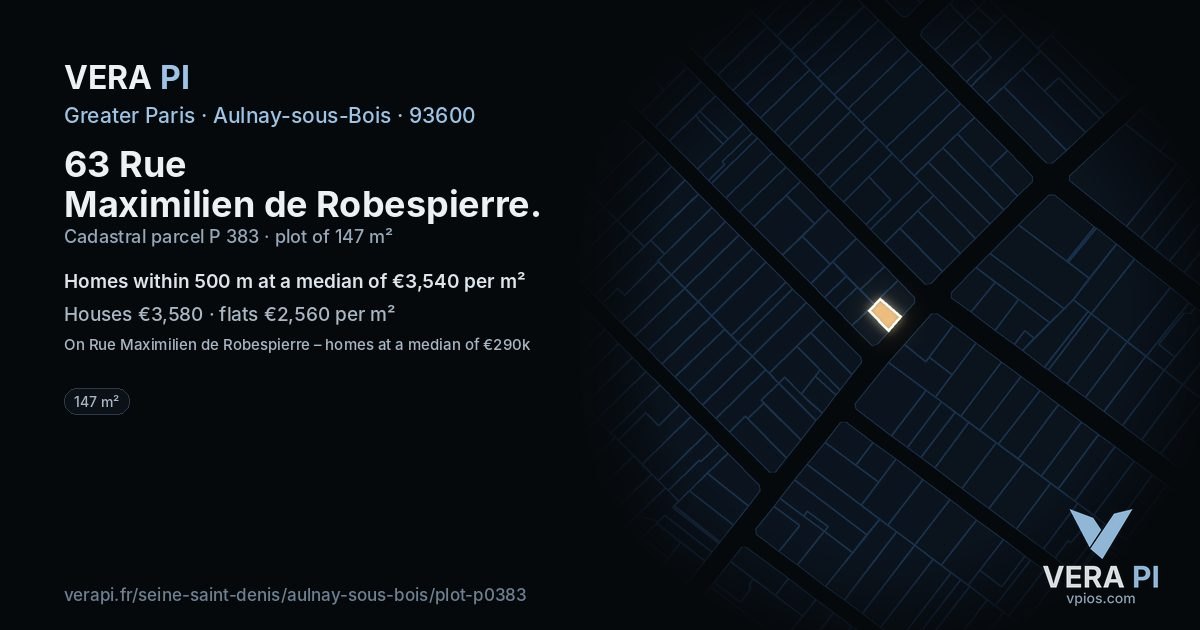 63 Rue Maximilien de Robespierre, Aulnay-sous-Bois at night – the plot lit, the parcels around coloured by the prices near them