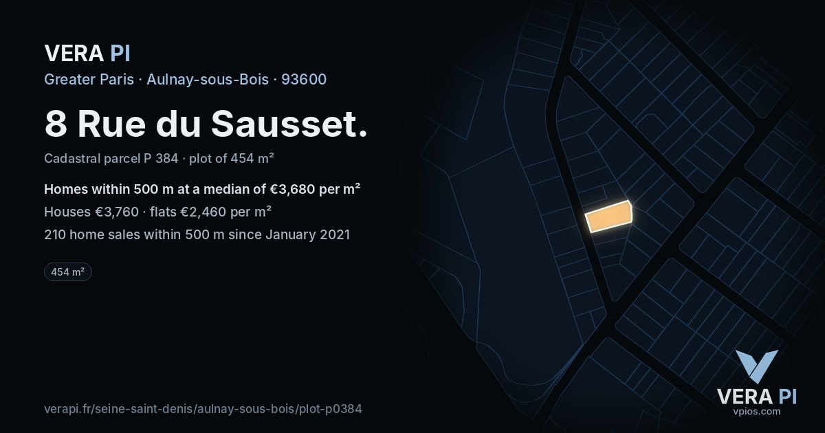 8 Rue du Sausset, Aulnay-sous-Bois at night – the plot lit, the parcels around coloured by the prices near them