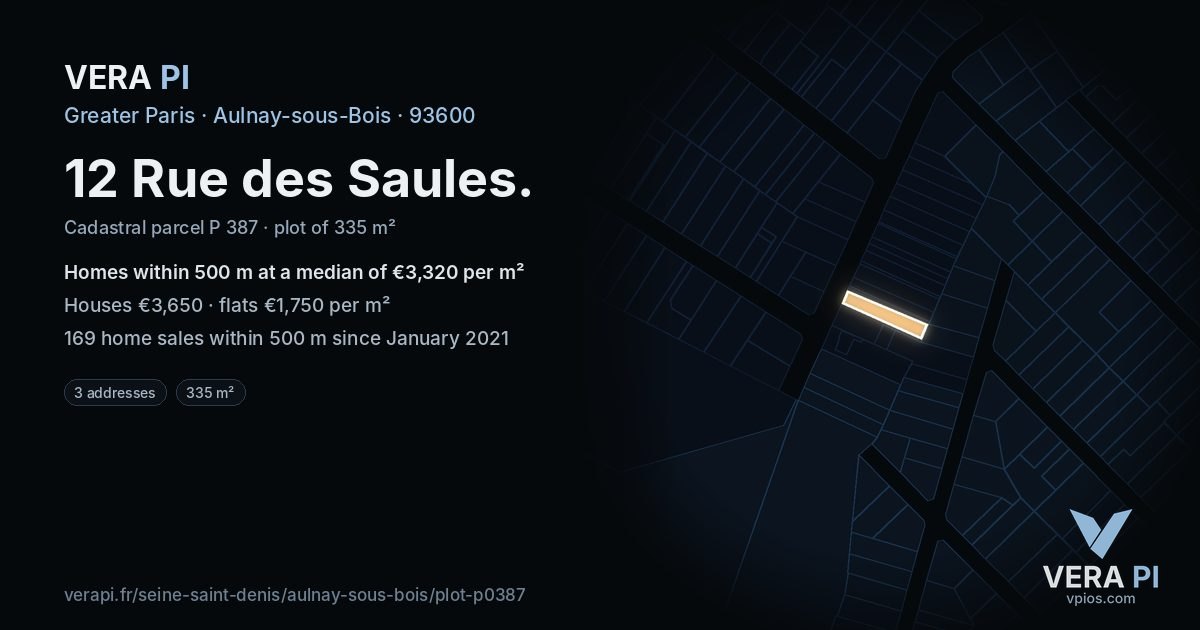 12 Rue des Saules, Aulnay-sous-Bois at night – the plot lit, the parcels around coloured by the prices near them