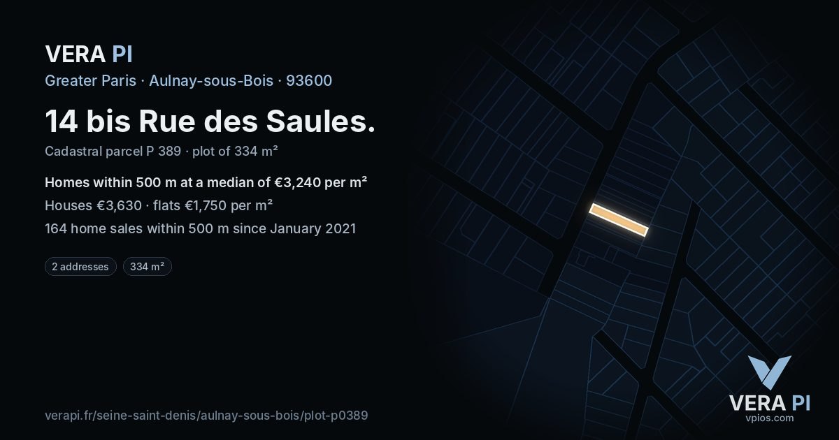 14 bis Rue des Saules, Aulnay-sous-Bois at night – the plot lit, the parcels around coloured by the prices near them