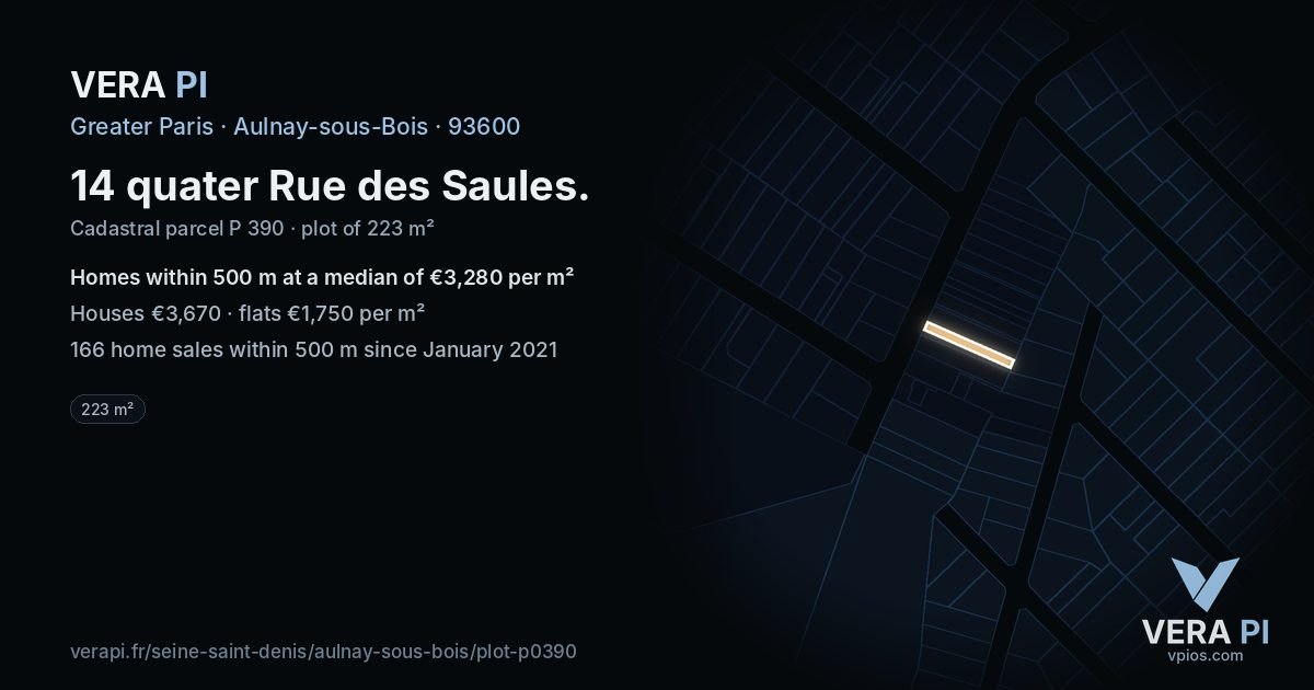 14 quater Rue des Saules, Aulnay-sous-Bois at night – the plot lit, the parcels around coloured by the prices near them