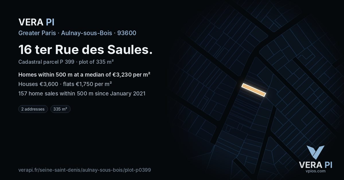 16 ter Rue des Saules, Aulnay-sous-Bois at night – the plot lit, the parcels around coloured by the prices near them