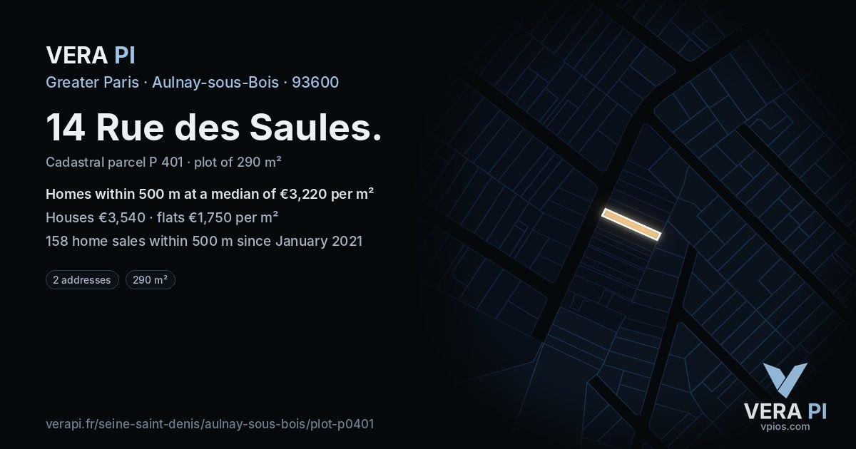14 Rue des Saules, Aulnay-sous-Bois at night – the plot lit, the parcels around coloured by the prices near them