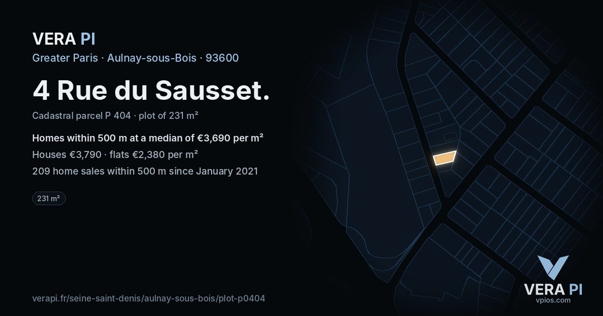 4 Rue du Sausset, Aulnay-sous-Bois at night – the plot lit, the parcels around coloured by the prices near them