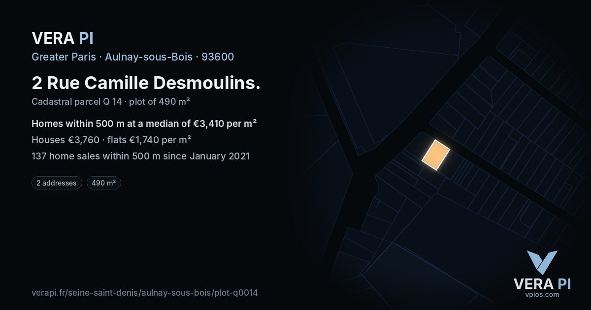 2 Rue Camille Desmoulins, Aulnay-sous-Bois at night – the plot lit, the parcels around coloured by the prices near them
