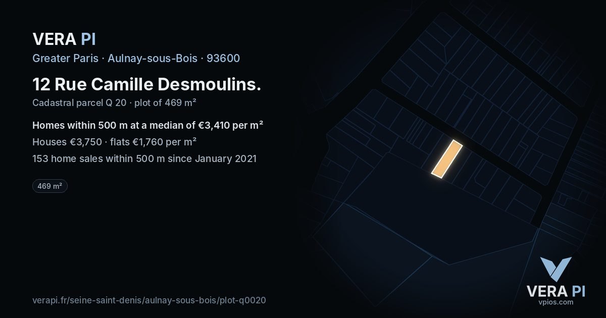 12 Rue Camille Desmoulins, Aulnay-sous-Bois at night – the plot lit, the parcels around coloured by the prices near them