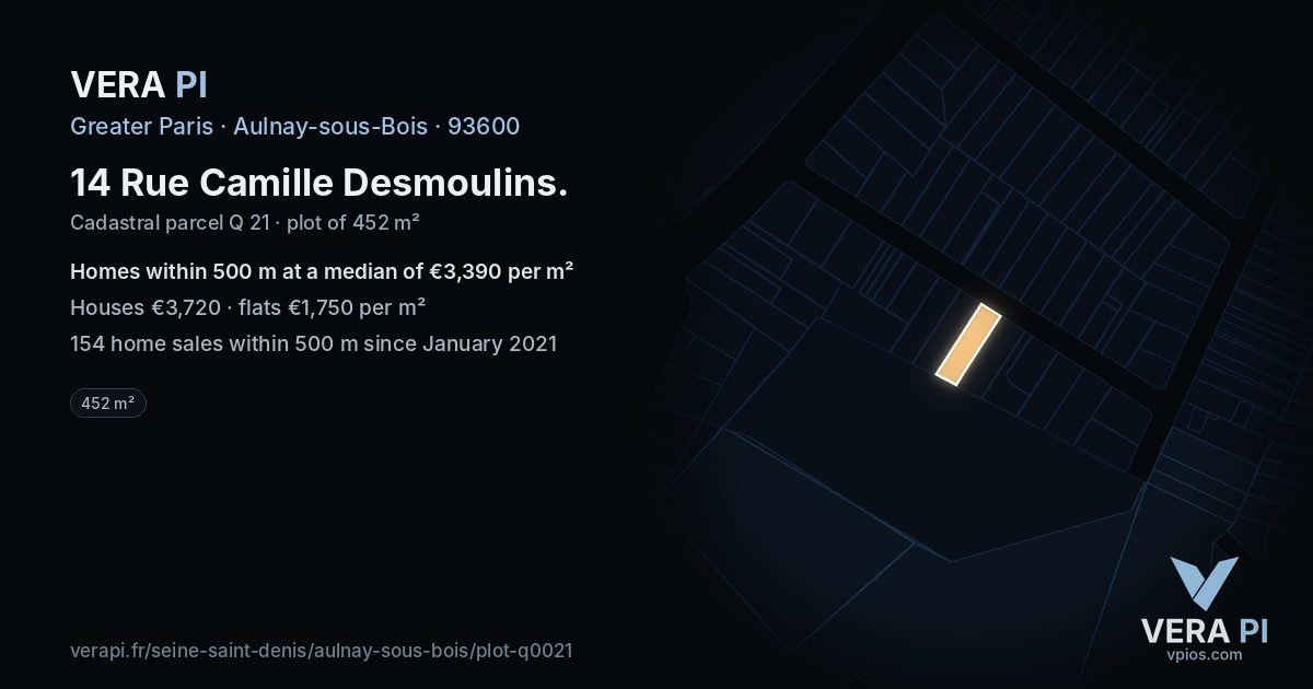 14 Rue Camille Desmoulins, Aulnay-sous-Bois at night – the plot lit, the parcels around coloured by the prices near them