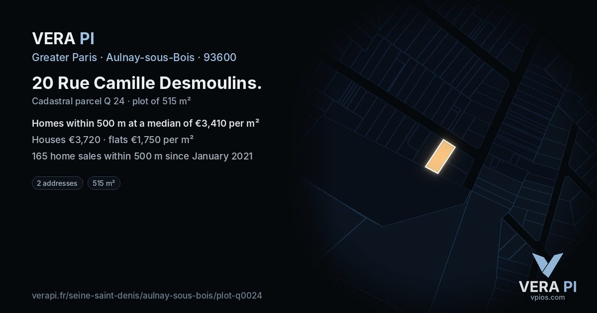 20 Rue Camille Desmoulins, Aulnay-sous-Bois at night – the plot lit, the parcels around coloured by the prices near them