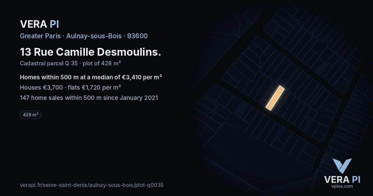 13 Rue Camille Desmoulins, Aulnay-sous-Bois at night – the plot lit, the parcels around coloured by the prices near them