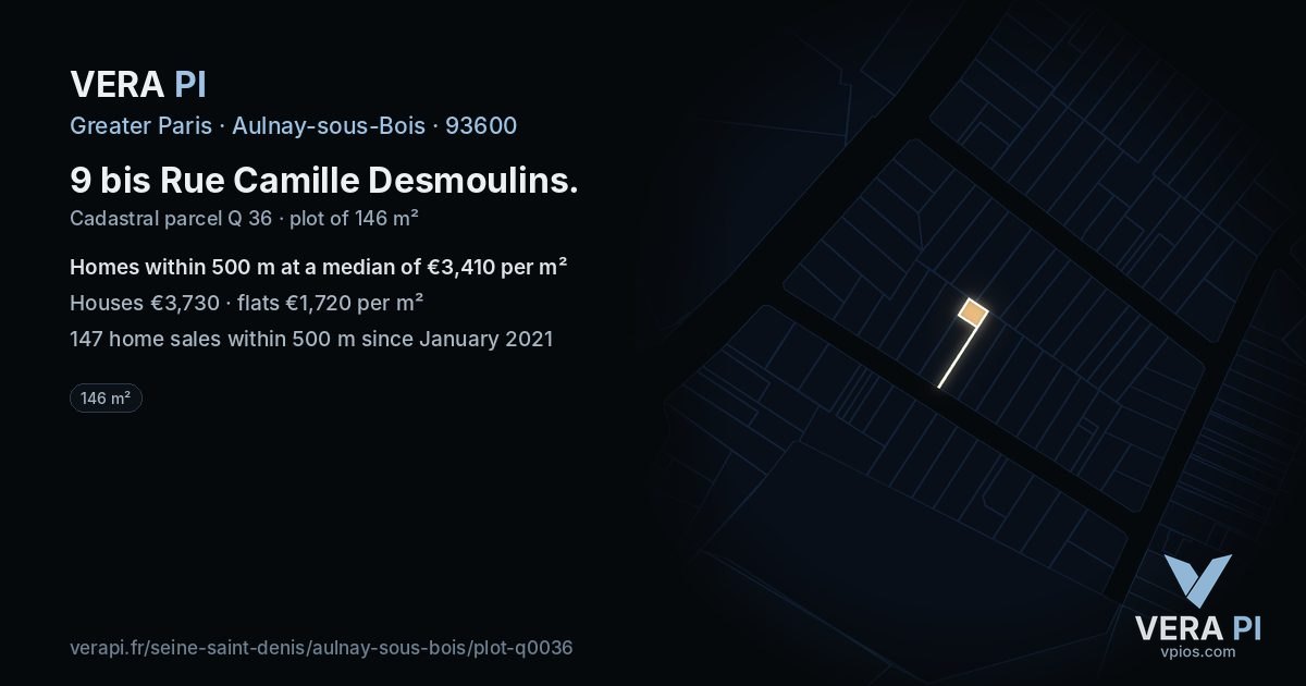 9 bis Rue Camille Desmoulins, Aulnay-sous-Bois at night – the plot lit, the parcels around coloured by the prices near them