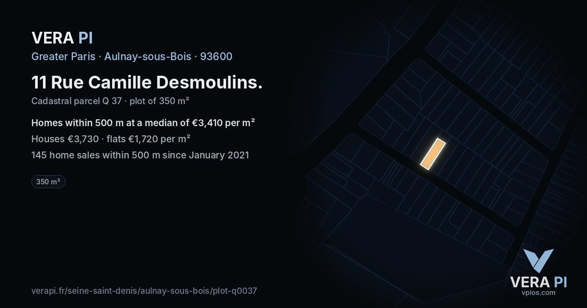 11 Rue Camille Desmoulins, Aulnay-sous-Bois at night – the plot lit, the parcels around coloured by the prices near them