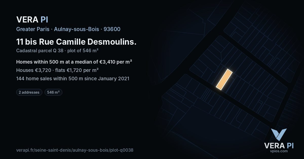 11 bis Rue Camille Desmoulins, Aulnay-sous-Bois at night – the plot lit, the parcels around coloured by the prices near them