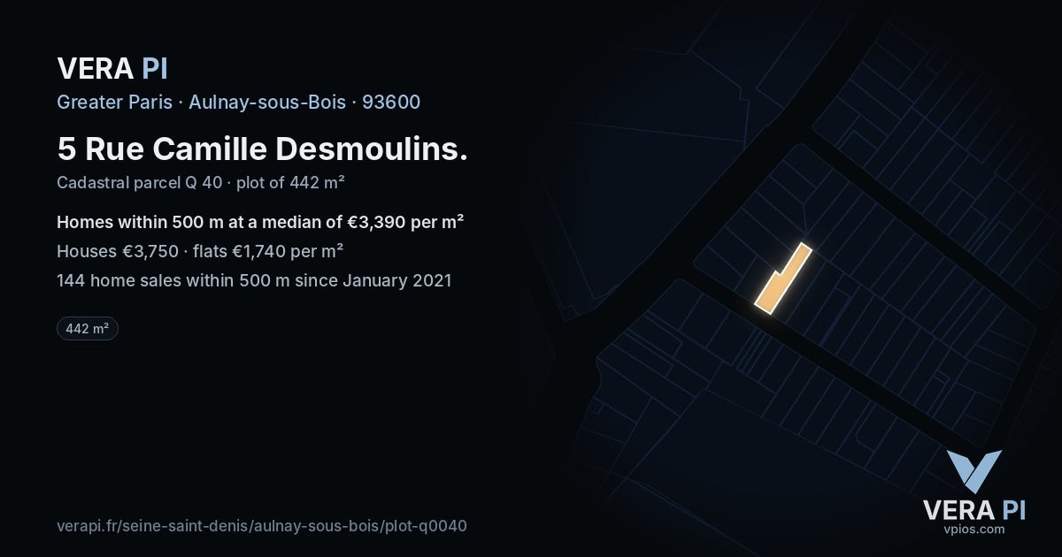 5 Rue Camille Desmoulins, Aulnay-sous-Bois at night – the plot lit, the parcels around coloured by the prices near them
