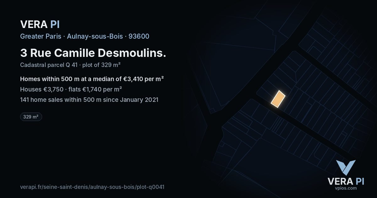 3 Rue Camille Desmoulins, Aulnay-sous-Bois at night – the plot lit, the parcels around coloured by the prices near them