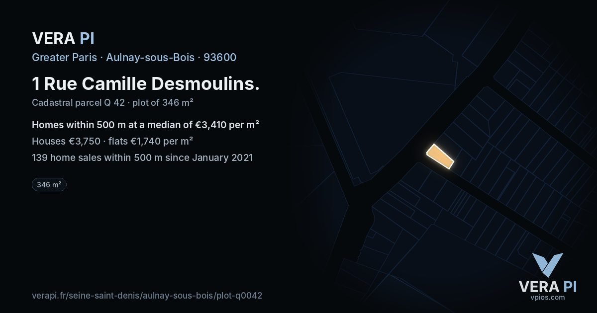1 Rue Camille Desmoulins, Aulnay-sous-Bois at night – the plot lit, the parcels around coloured by the prices near them